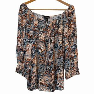 Peasant Blouse Women 2X Paisley Off Shoulder Boho Rayon Flowy Casual Top Summer